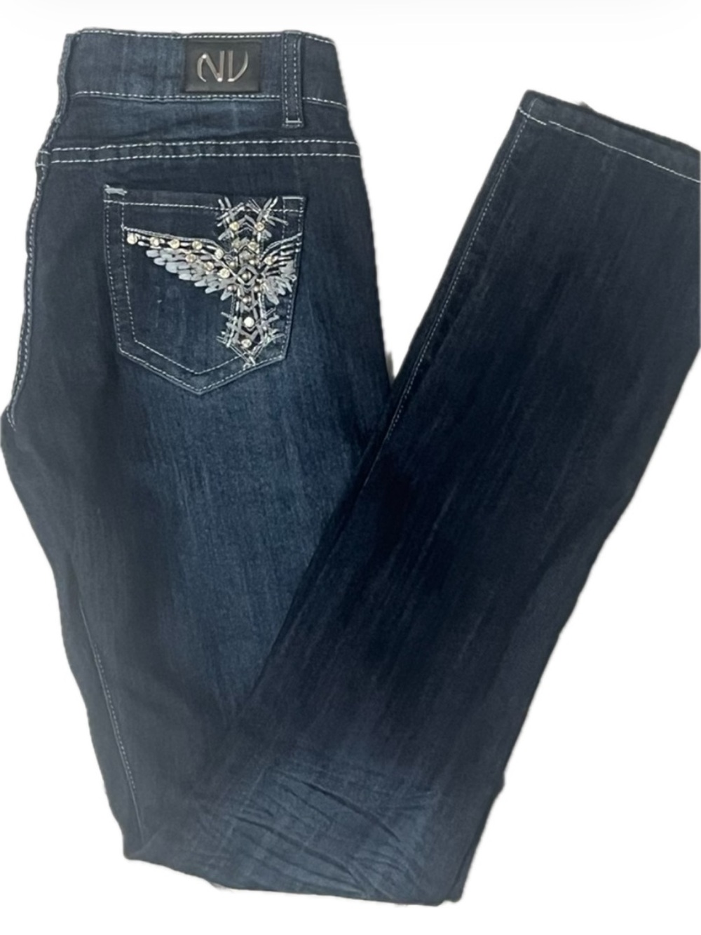 NV Jeans Stretch Hipster Skinny Dark Blue Denim Y2K Vintage crystal rhinestones